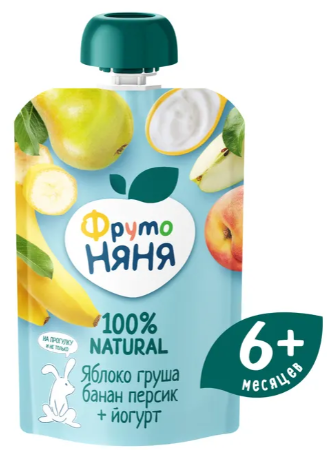 Пюре "ФрутоНяня" с 6 мес. Яблоко-Груша-Банан-Персик с йогуртом 90г (9095)