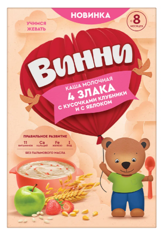 Каша молочная "Винни" 4 злака с клубникой и абрикосом 200г (2032)