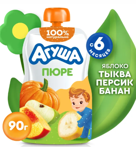 Пюре фруктовое "Агуша" с 6 мес. Яблоко, тыква, персик, банан 90г (4992)