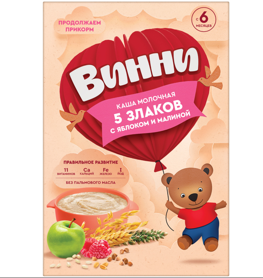 Каша Винни молочная 5 Злаков с Яблоком и Малиной с 6 месяцев