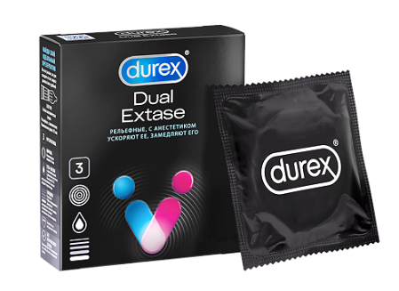 Презервативы Durex Dual Extase №3 (рельефные с анестетиком)