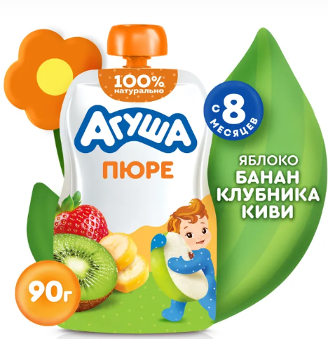 Пюре фруктовое "Агуша" с 8 мес. Яблоко-банан-клубника-киви 90г (2400)