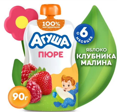 Пюре фруктовое "Агуша" с 5 мес. Яблоко-Клубника-Малина 90г (2400)